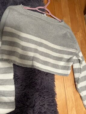 Garage Cropped Crewneck Sweater in Gray and White Stripes